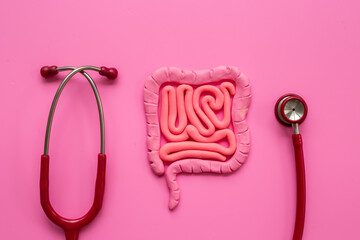 Colon bowel disease concept. Intestines organ shape made of plasticine with stethoscope