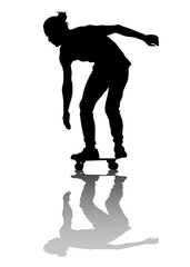 Silhouette of boy on roller skates on white background