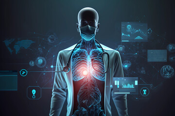 Arzt mit Kittel, röntgen Optik. mehrere holografische Anzeigen. mit KI generiert.