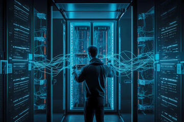 IT Profi verbindet globales Netzwerk. Serverraum in blauem Neonlicht.  generiert