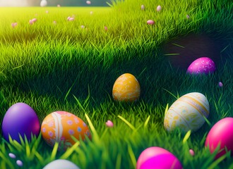 easter eggs on green grass
