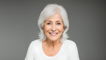 Senior mature smiling woman portrait with grey hair and white top. Isolated on grey background. Copy space. Generative AI