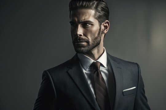 Portrait of handsome businessman in suit in studio, AI generated