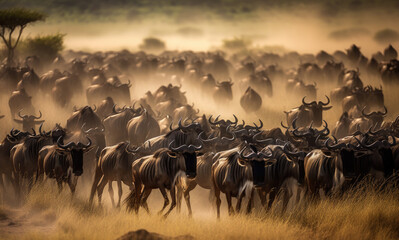 a herd of wildebeest running in the masai mara national park. Generative AI - obrazy, fototapety, plakaty
