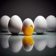 Leadership concept a Row of white eggs and single broken egg