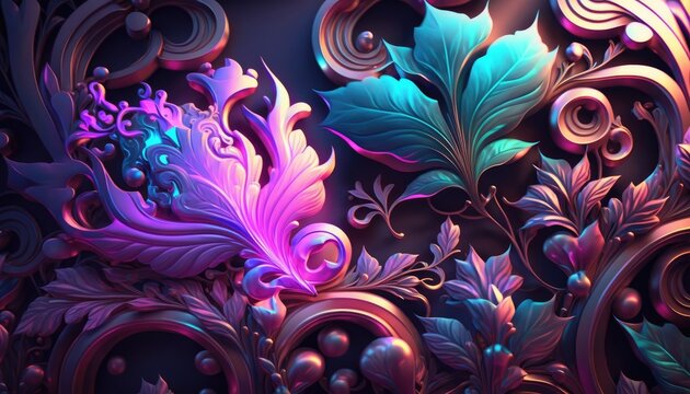 Abstract neon floral flowers and vines design background, AI generated