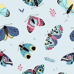 Moths seamless pattern, butterflies background. Insects vector drawing