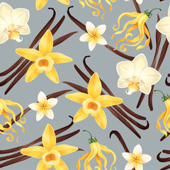 Seamless pattern with vanilla pods and flowers - 585835452