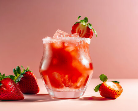 Strawberry margarita cocktail or strawberry soft drink, a very pleasant fresh drink on a pink background. AI generated illustration.