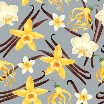 Seamless pattern with vanilla pods and flowers