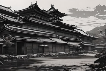 Black and white painting of a chinese temple generative ai