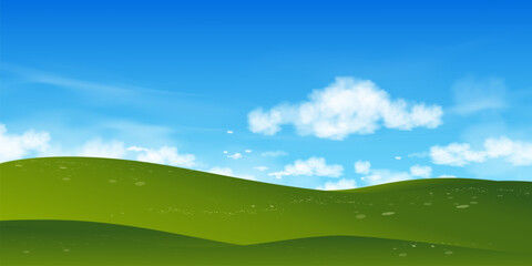 Obraz na płótnie Canvas Spring Nature Background of Green Field Landscape with Blue Sky,Horizon Summer rural with grass land on hills with Morning Sky.Vector Cartoon banner for Easter,Earth day,Ecology concept
