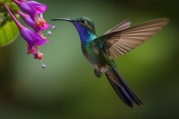 Fototapeta na wymiar Violet - crowned Woodnymph hovers near a brightly colored flower, its shimmering green and purple feathers Generative AI