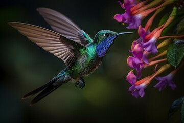 Fototapeta premium Violet - crowned Woodnymph hovers near a brightly colored flower, its shimmering green and purple feathers Generative AI