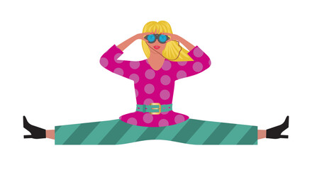 Cool girl, sitting in split position, looking in binoculars. Isolated on white. Vector illustration.