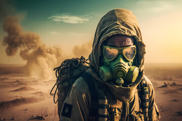 Man in gas mask for chemical protection, apocalyptic smoke in desert background. Nuclear pollution, environmental disaster concept. Futuristic post apocalypse stalker soldier, male face portrait