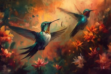 Fototapeta premium Graceful Hummingbirds in Mid-Flight Feeding on Vivid Flowers by Generative AI