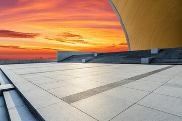Empty square floor with sky clouds background at sunset