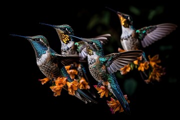 Captivating Hummingbirds Hovering on Array of Flowers by Generative AI