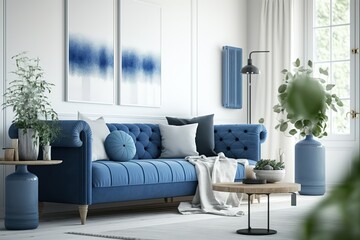 Home interior mock-up with blue sofa, wooden table and decor in white living room, panorama. Generative Ai.