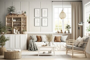 Interior of a beige living room decorated in a Scandinavian farmhouse style with natural wood furnishings. Wall background mockup. illustration. Generative Ai. - obrazy, fototapety, plakaty