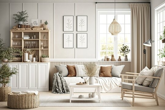 Interior of a beige living room decorated in a Scandinavian farmhouse style with natural wood furnishings. Wall background mockup. illustration. Generative Ai.
