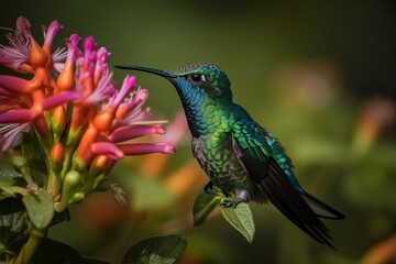 Obraz premium Shimmering Blue-Tailed Emerald A close-up of a hummingbird hovering near a vividly hued flower. Generative ai