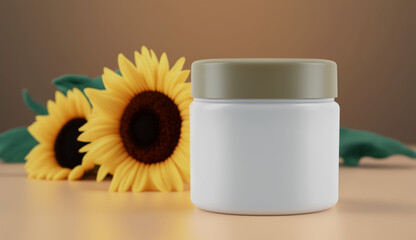 Fototapeta na wymiar White blank cosmetic cream jar with sunflower blossom on beige background. Natural skincare product presentation. Beauty and spa mockup template with copy space for text. Generative AI.