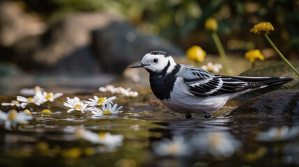 pied wagtail in water with daisies. Generative AI image.