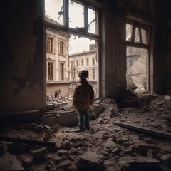 Lonely Boy is Standing and Looking at Destroyed City from Destroyed Window. War or Earthquake Concept. Generative Ai.