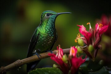 A Green-crowned Brilliant hovers near a cluster of brightly colored flowers, its emerald-green feathers