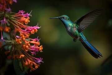 Obraz premium Long - tailed Sylph Hovers Near Cluster of Flowers, Generative AI