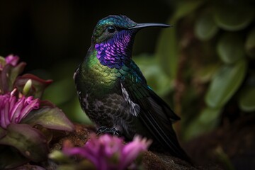 Obraz premium Purple - throated Mountain - gem in Flight: Stunning Generative AI Image of Hummingbird and Flowers
