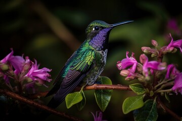 Fototapeta premium Purple - throated Mountain - gem in Flight: Stunning Generative AI Image of Hummingbird and Flowers