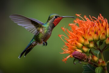 Fototapeta premium Rufous-Tailed Hummingbird in Flight: Vibrant Orange-Red Feathers and Long Tail - Generative AI