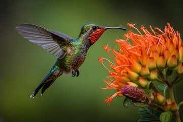 Rufous-Tailed Hummingbird in Flight: Vibrant Orange-Red Feathers and Long Tail - Generative AI