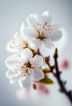Pure white cherry blossom branch of flowers in spring, on blurred background, macro Illustration created with generative AI tools.
