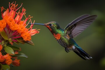 Fototapeta na wymiar Rufous-Tailed Hummingbird in Flight: Vibrant Orange-Red Feathers and Long Tail - Generative AI