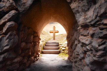 a stone tunnel with a cross in the background