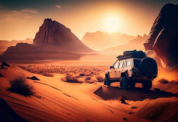 Fototapeta na wymiar Safari and travel to Africa, extreme adventures or science expedition in a stone desert. Sahara desert at sunrise, mountain landscape with dust on skyline, hills and traces of the. Generative AI