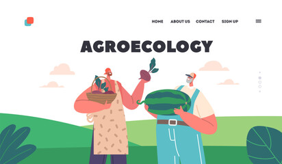 Obraz na płótnie Canvas Agroecology Landing Page Template. Farmer Characters Proudly Holding Watermelon And Beet Crop In Hands
