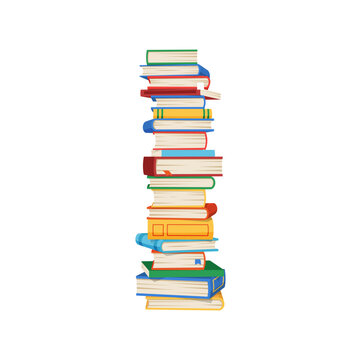 Studying literature, stack of books high heap of textbooks. Vector source of information, symbol of wisdom. College, university or school stacked books