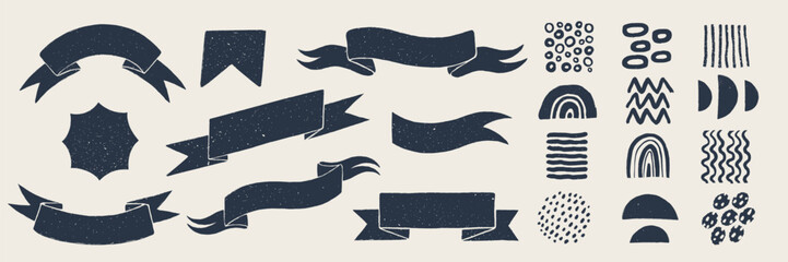 Retro flag and ribbon banners. Hand drawn vintage textured badges, banner, ribbon, flag, and other design elements. Hand-drawn infographic Vector collection.