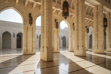 Innenhof der Großen Sultan Qabus Moschee von Muscat im Sultanat von Oman.