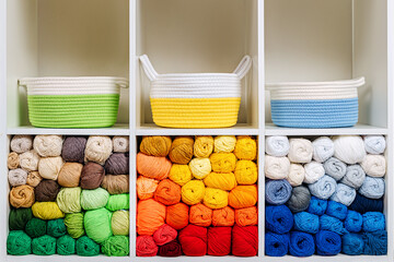 Shelving with storage baskets and colored balls of yarn for knitting. Bright yarn balls lined up on...
