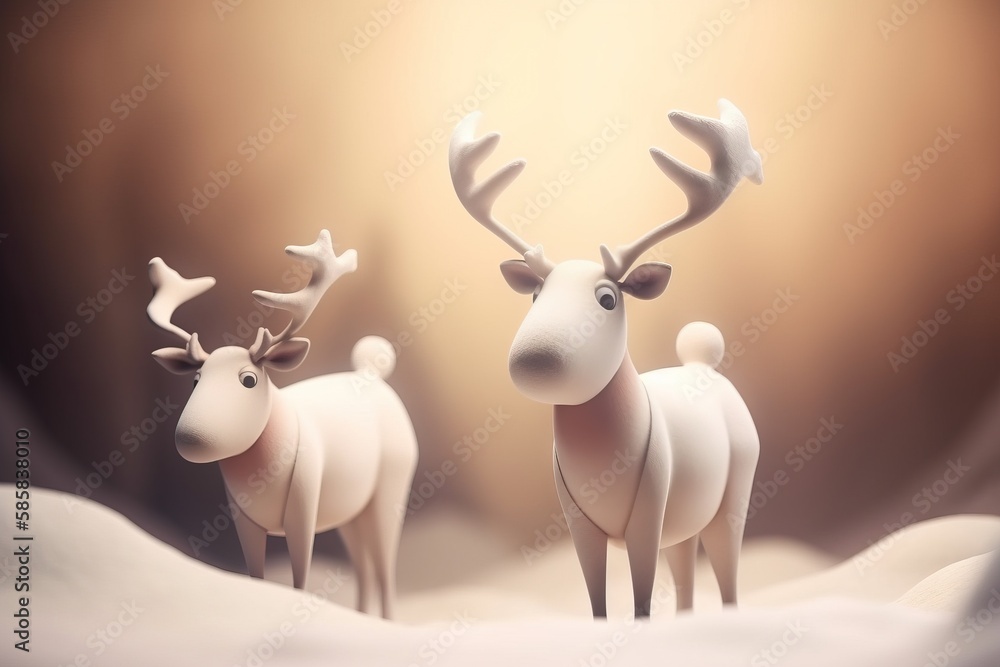 Poster a couple of white reindeer standing next to each other on a snow covered ground with a light shining