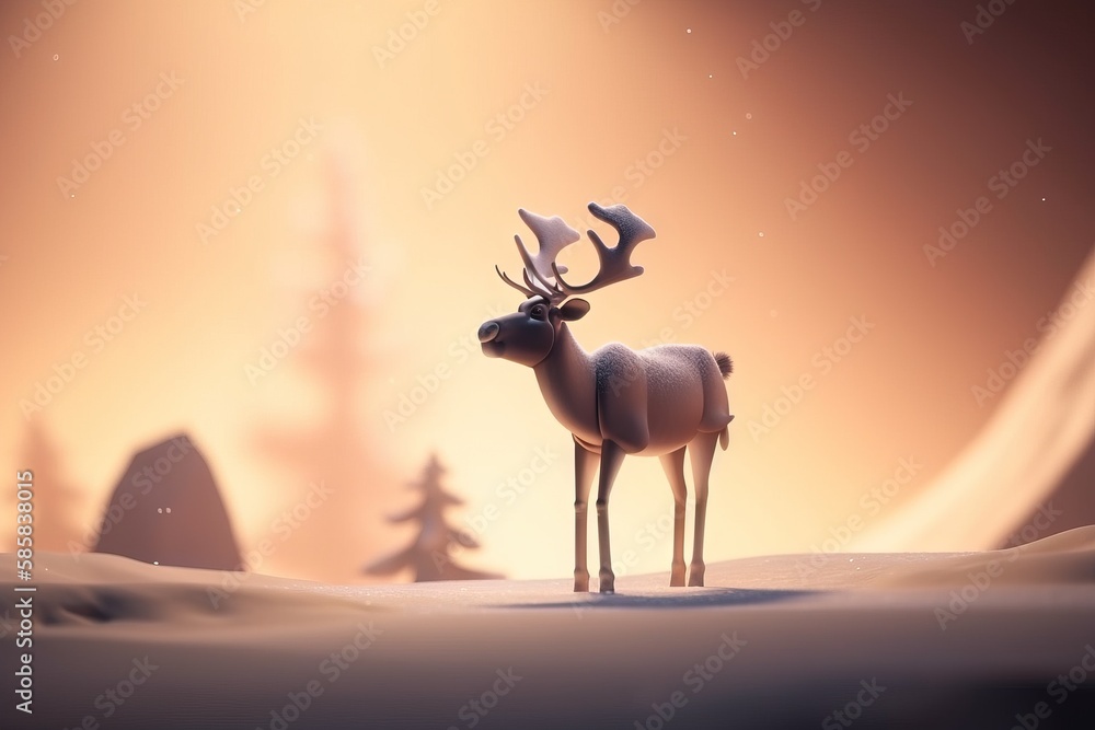 Poster a reindeer standing in the middle of a snowy field with trees in the background and a sky with stars