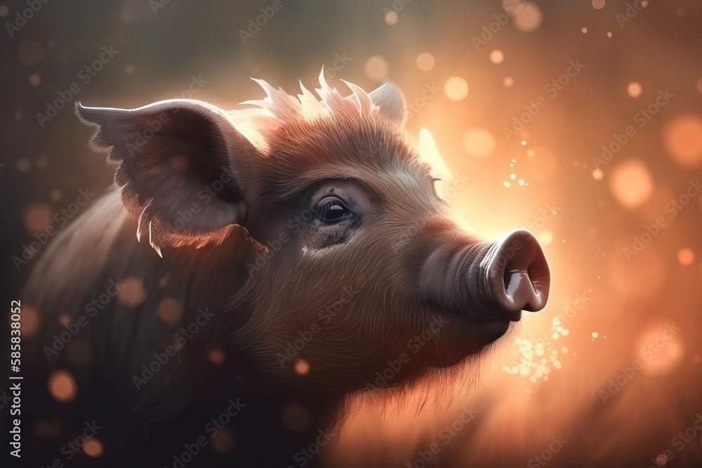 Wall mural a close up of a pig's face with a blurry background and bubbles in the air behind it, with a blurry 