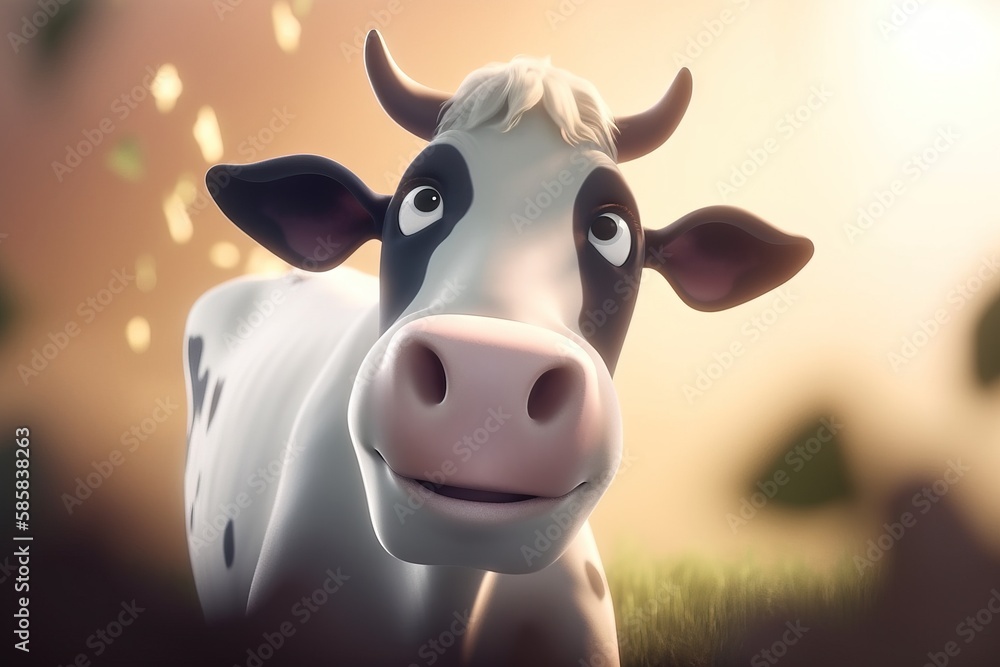 Poster a cow with a smile on its face standing in a field of grass with a sun shining in the background and