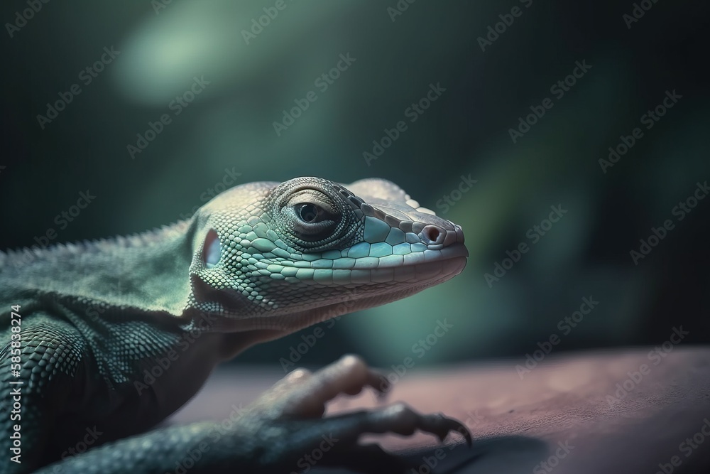 Poster a close up of a lizard on a wooden surface with a blurry background and a blurry image of the lizard